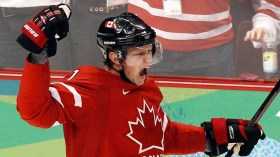 Eric Staal celebrates scoring a goal