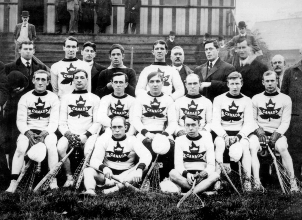 Black and white photo of Canada's lacrosse team at the 1908 Olympic Games 