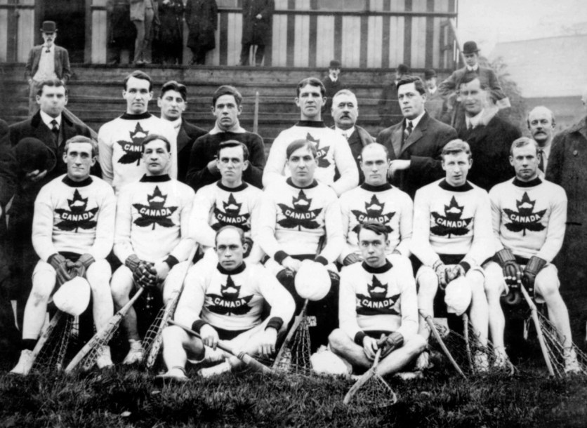 Black and white photo of Canada's lacrosse team at the 1908 Olympic Games