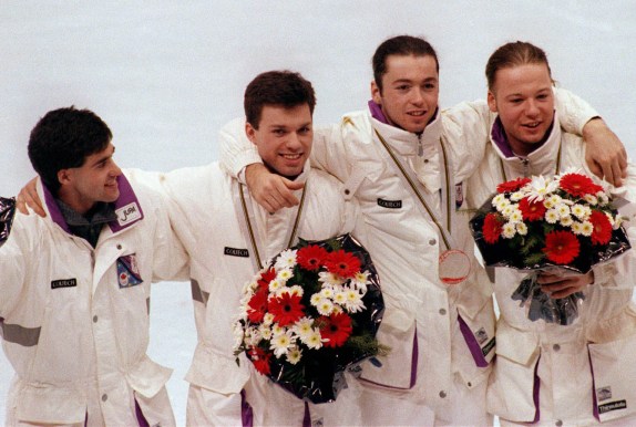 Canada's short track speed skating relay team silver medal winners from left; COCch Guy Daignault, Michel Daignault, Frederic Blackburn, Sylvain Gagnon, and Mark Lackie at the Albertville 1992 Olympic Winter Games. (CP PHOTO/COC/Ted Grant)