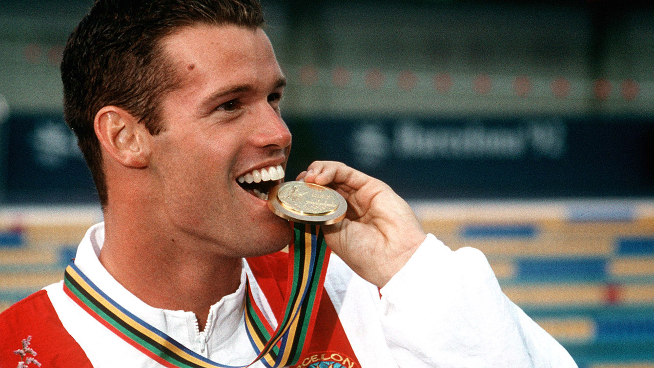 Mark Tewksbury during the medal ceremony at the 1992 Olympic Games in Barcelona in 1992.