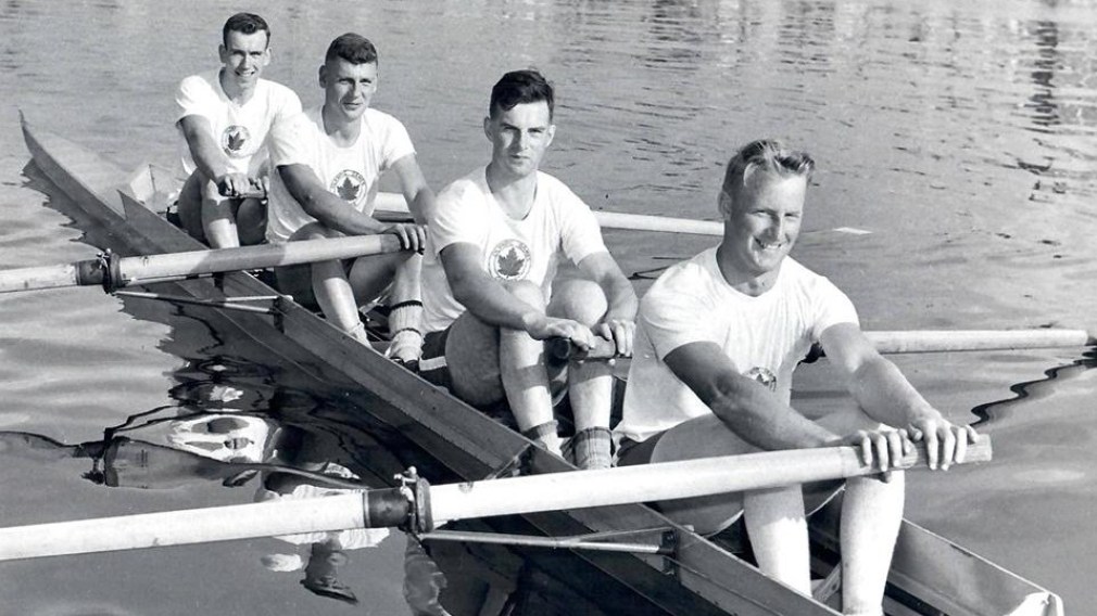 Archie Mackinnon, right, with the 1956 Olympic gold medal winning coxless fours team