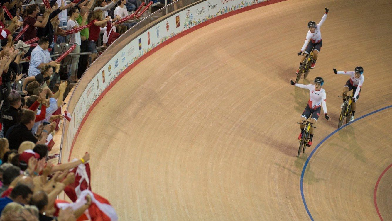 Kirsti Lay, Jasmin Glaesser, Allison Beveridge and Laura Brown win gold in the women' team pursuit at the Pan American Games in Toronto, July 17, 2015. COC Photo by Jason Ransom