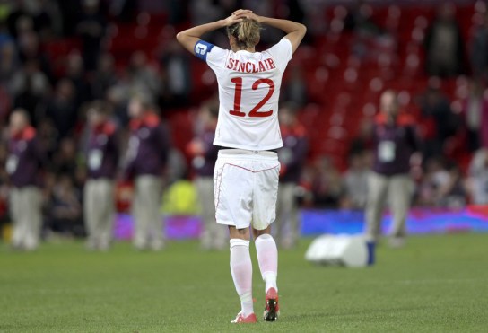 Christine Sinclair with hands on her head