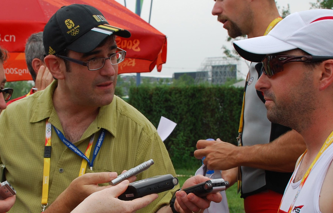Randy Starkman in an Olympic mixed zone 