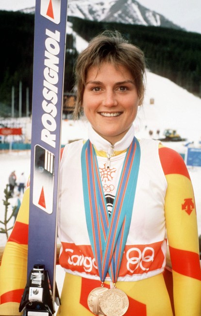 Karen Percy Karen Percy poses with her bronze medals at Calgary 1988