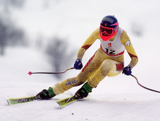 Canada's Kerrin Lee-Gartner competing in the alpine skiing downhill event at the Albertville 1992 Olympic Winter Games. (CP PHOTO/COA/Scott Grant)