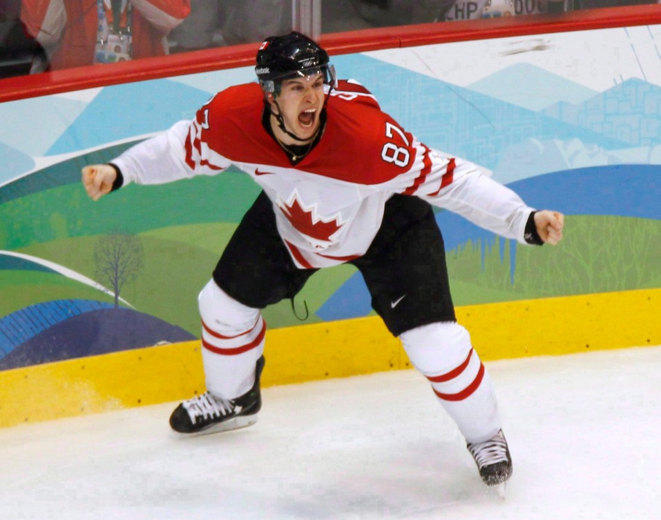 Canada's Sidney Crosby celebrates his game winning goal at the 2010 Winter Olympic Games in Vancouver on Feb. 28, 2010. 