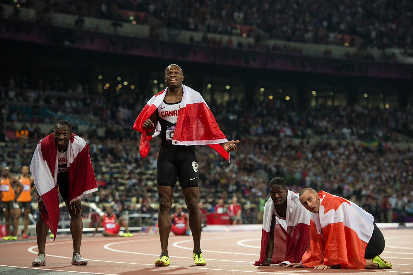 Canadian sprinters at London 2012 before it was learned that they had been disqualified from the 4x100m. 