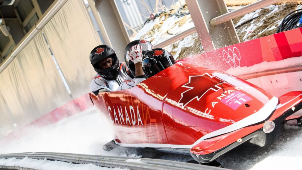 Bobsleigh racing down track