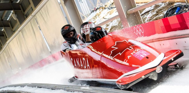 Bobsleigh racing down track