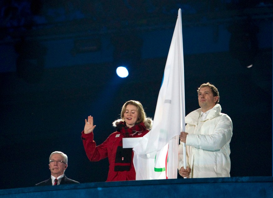 Canadian hockey player, Hayley Wickenheiser, takes the oath on behalf of all Olympic athletes at the Vancouver Olympic opening ceremonies Friday February, 12, 2010. THE CANADIAN PRESS/Darryl Dyck