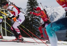 Athletes skiing