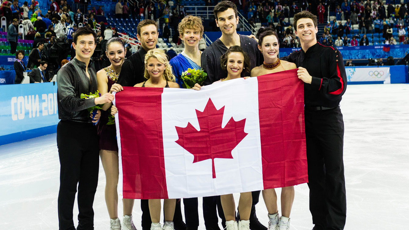 Sochi 2014 figure skating team. (L-R) Patrick Chan, Kaetlyn Osmond, Dylan Moscovitch, Kirsten Moore-Towers, Kevin Reynolds, Eric Radford, Meagan Duhamel, Tessa Virtue, Scott Moir.