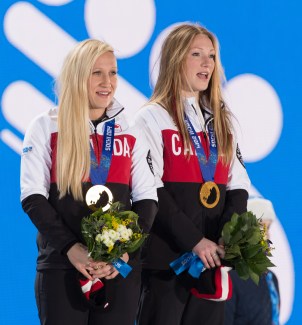 Kaillie Humphries and Heather Moyse with their medals