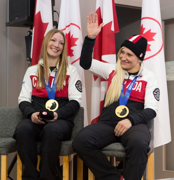 Kaillie Humphries and Heather Moyse during the medal celebration