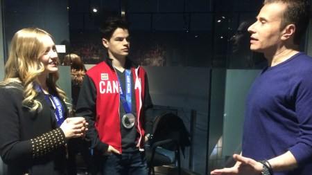 OTR host Michael Landsberg chats with Justine and Mikaël prior to shooting.
