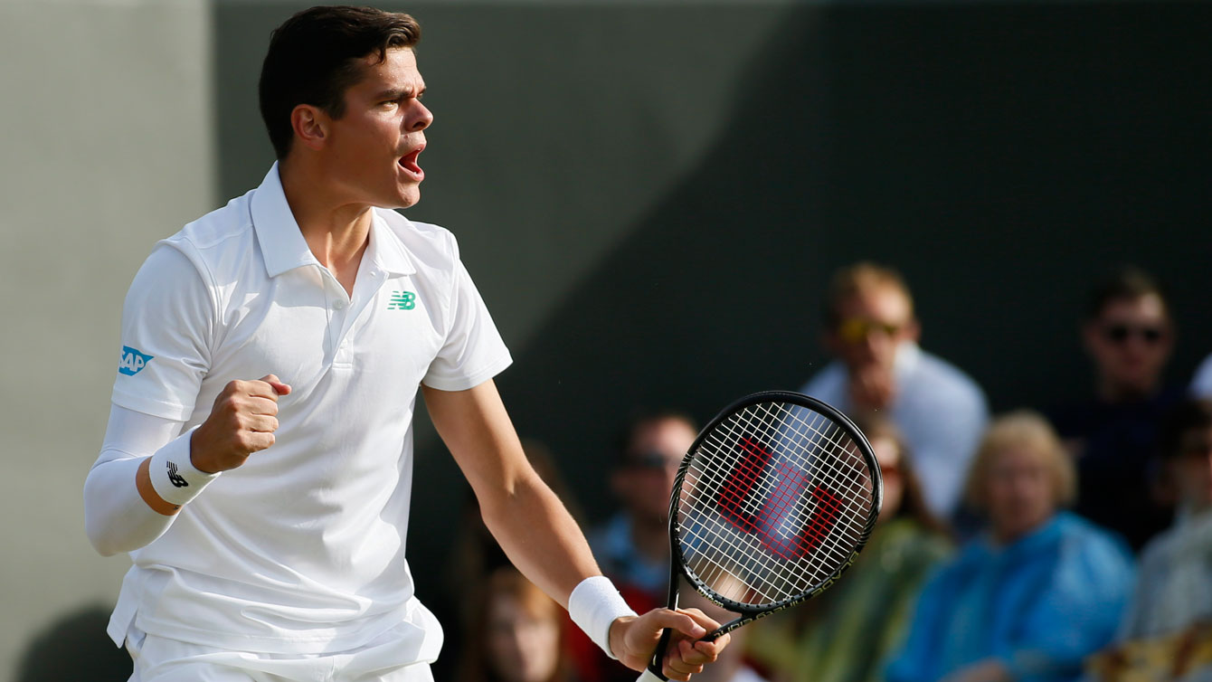 Milos Raonic celebrates a point at Wimbledon 2014. Photo: CP