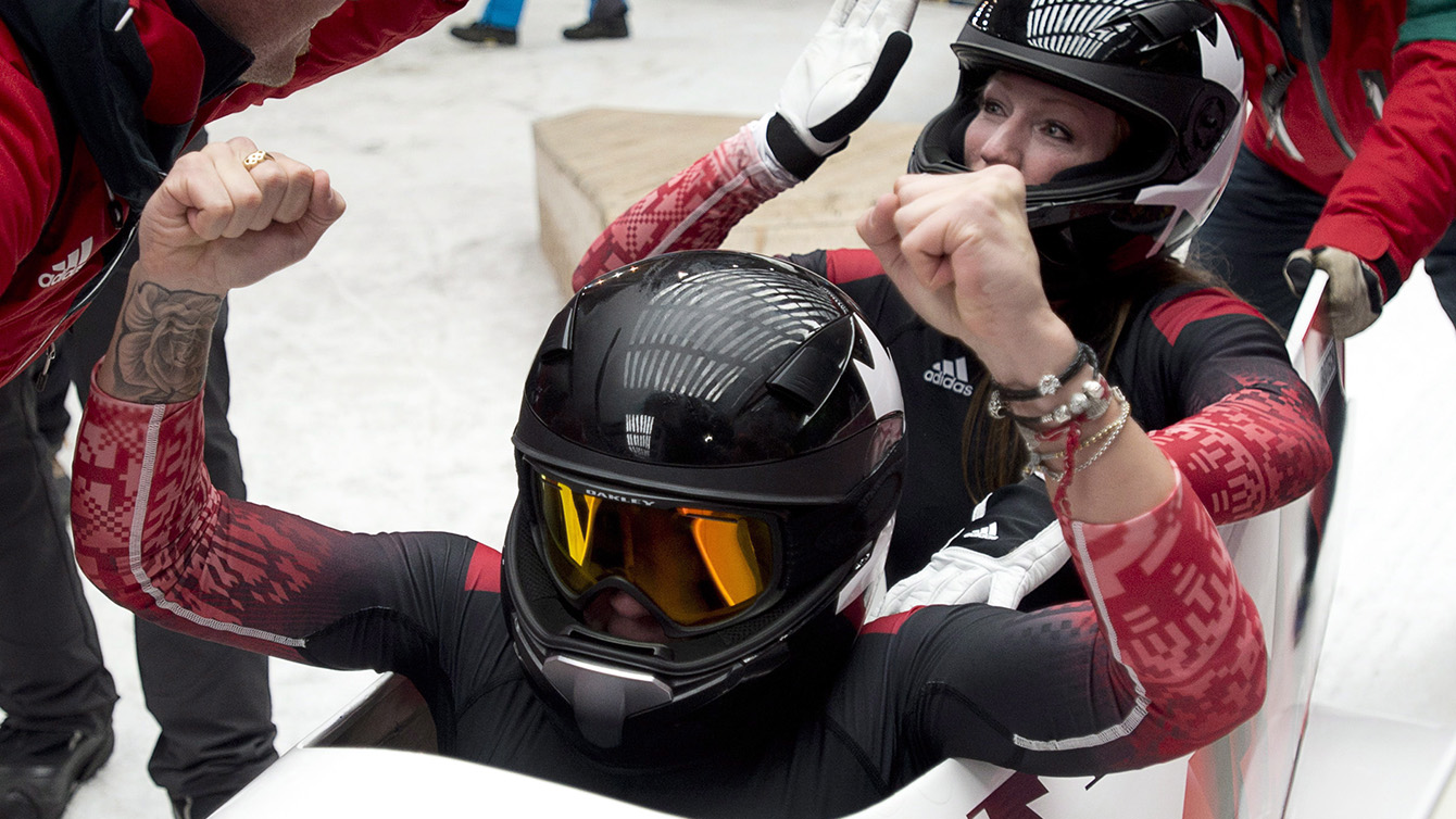 Kaillie Humphries and Heather Moyse in a bobsleigh