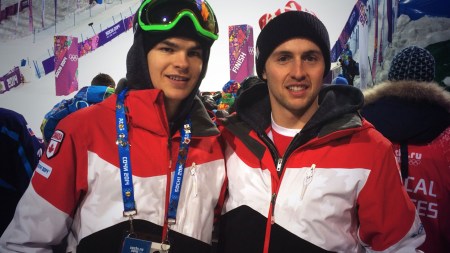 Calm before the storm. Mikael Kingsbury and Alex Bilodeau turn up to watch the women's moguls race where Canada enjoyed another 1-2 finish.