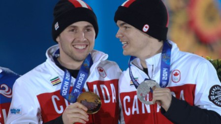 Alex Bilodeau, Mikael Kingsbury - Sochi 2014 Alex Bilodeau and Mikael Kingsbury share a laugh at the Sochi 2014 medal presentation.