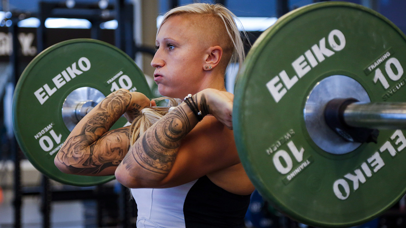 Bobsleigh driver Kaillie Humphries works out at the Winter Sport Institute in Calgary, Monday, Sept. 8, 2014. 