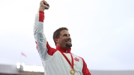 Jim Steacy joined Sultana Frizell in making it a men's & women's hammer throw double gold for Canada in Glasgow.
