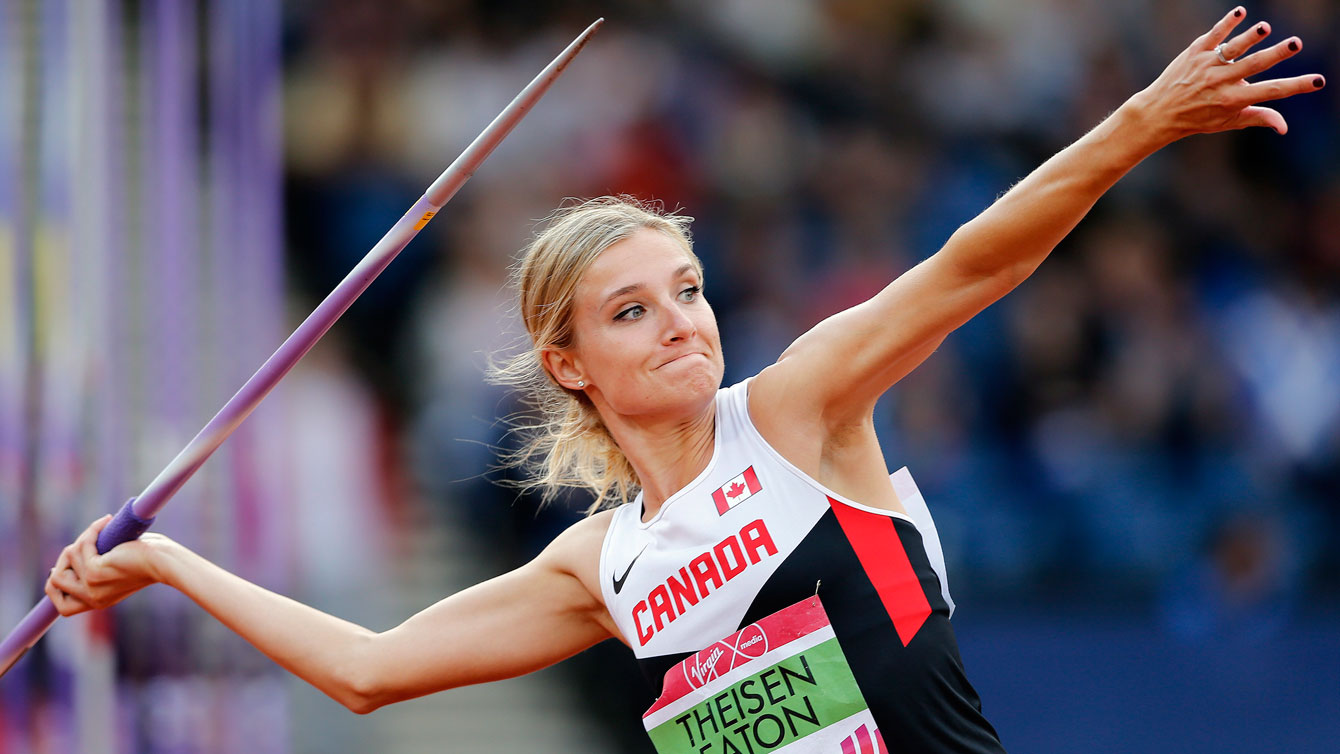 Brianne Theisen-Eaton in the javelin throw of the heptathlon before winning gold.