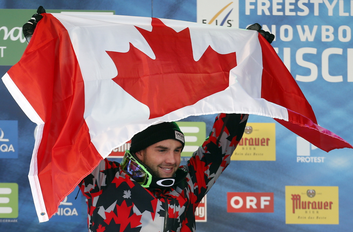 Kevin Hill celebrates his silver at the 2015 Snowboard World Championships. (Photo: Canadian Press)