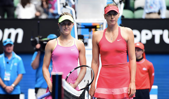 Bouchard (left) with Sharapova before the match. (Photo: Australian Open)