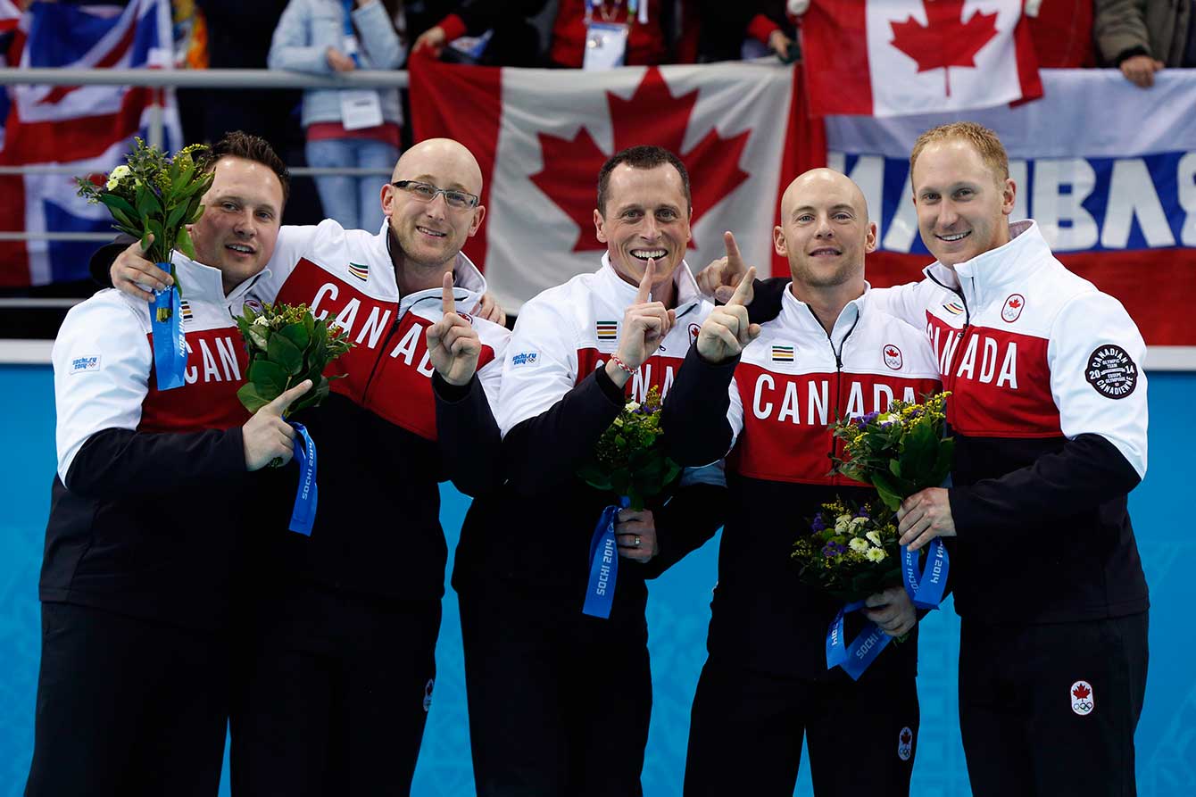 From left to right: Caleb Flaxey, Ryan Harnden, E.J. Harnden, Ryan Fry, and Brad Jacobs.