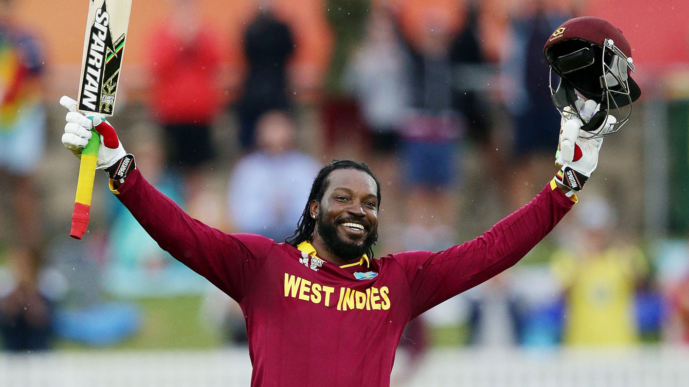 Jamaican Chris Gayle, who internationally represents the collective body West Indies, acknowledges the crowd after becoming the first man to hit for 200 runs at a Cricket World Cup on February 24, 2015. 