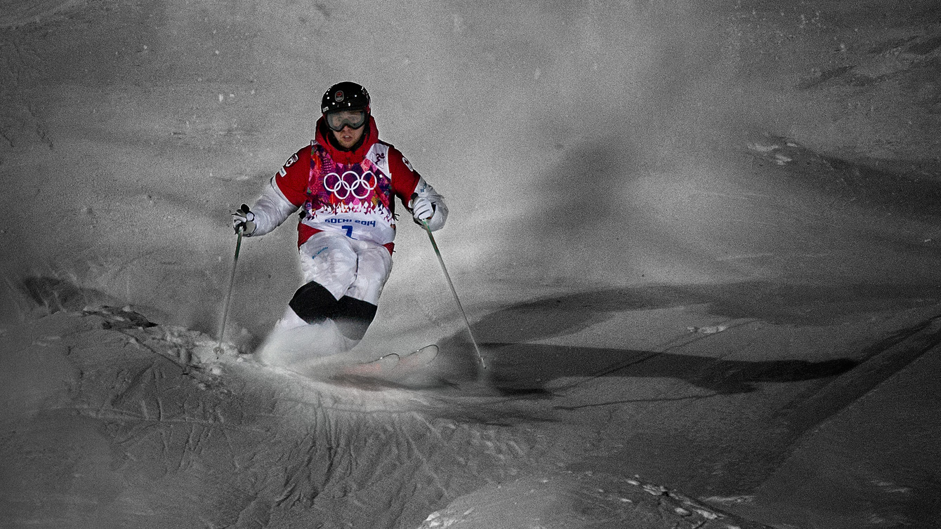 Alex Bilodeau conquers the bumps at Rosa Khutor Extreme Park.