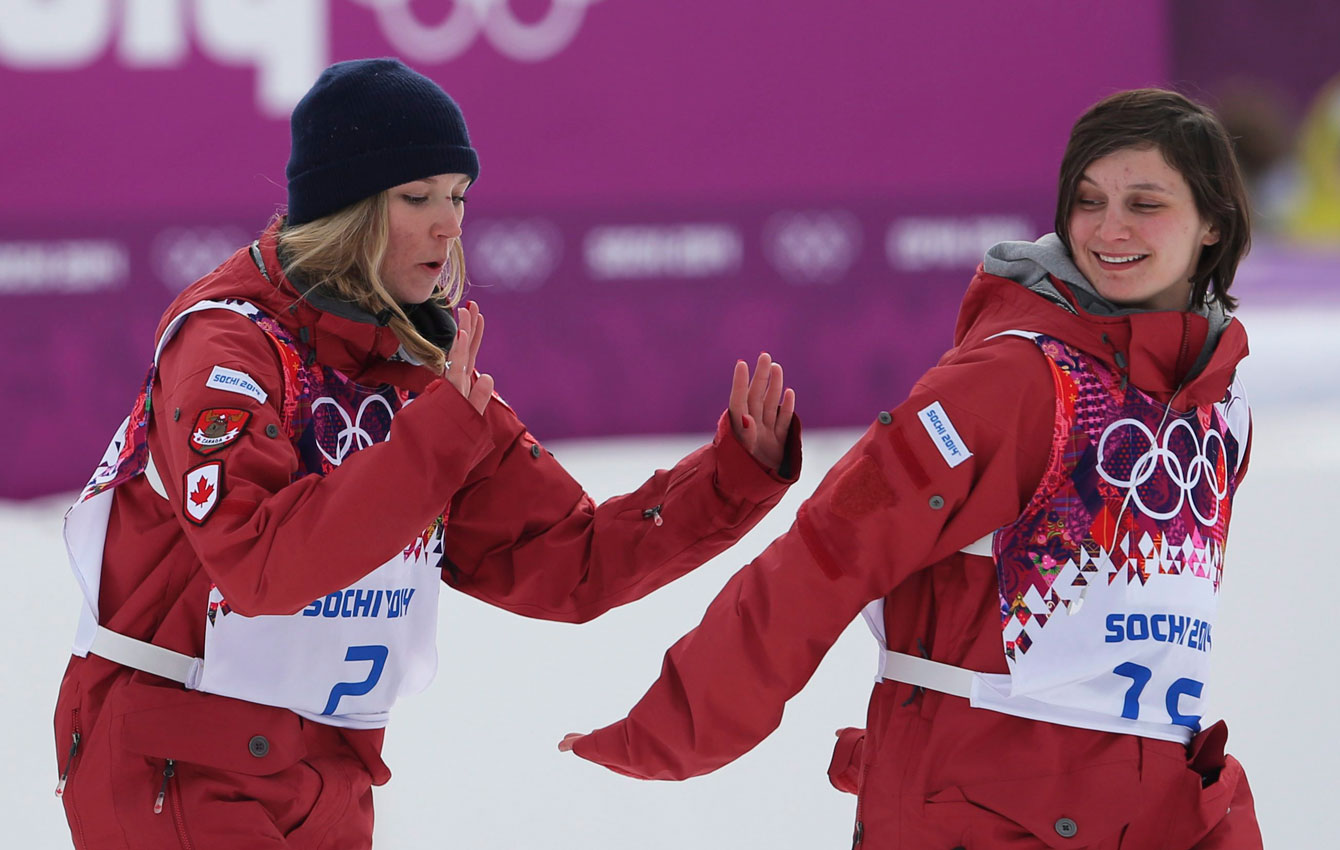 Dara Howell (left) and Kim Lamarre celebrate their podium performance.