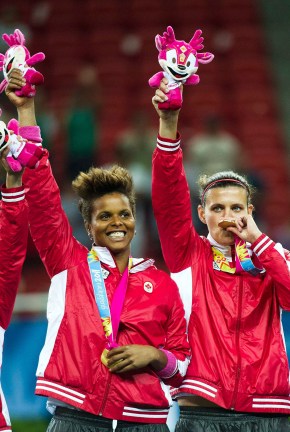 Karina Leblanc (left) and Christine Sinclair with women’s soccer gold medals at Guadalajara 2011 Pan Am Games.