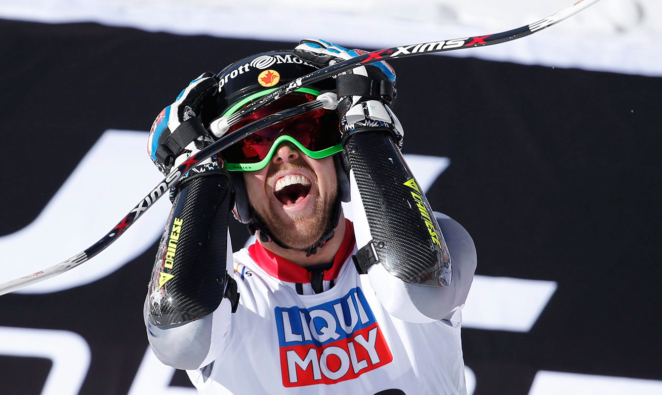 Dustin Cook reacts to finishing second in the super-G at the 2015 FIS Alpine World Championships.