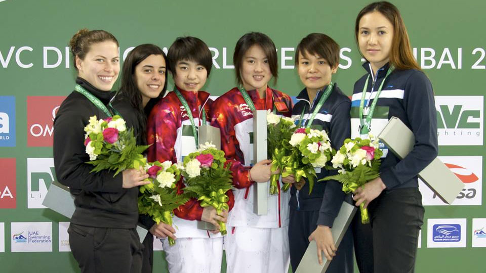 Filion and Benfeito (left) on the podium in Dubai. Photo via FINA/NVC Diving World Series - Dubai on Facebook.