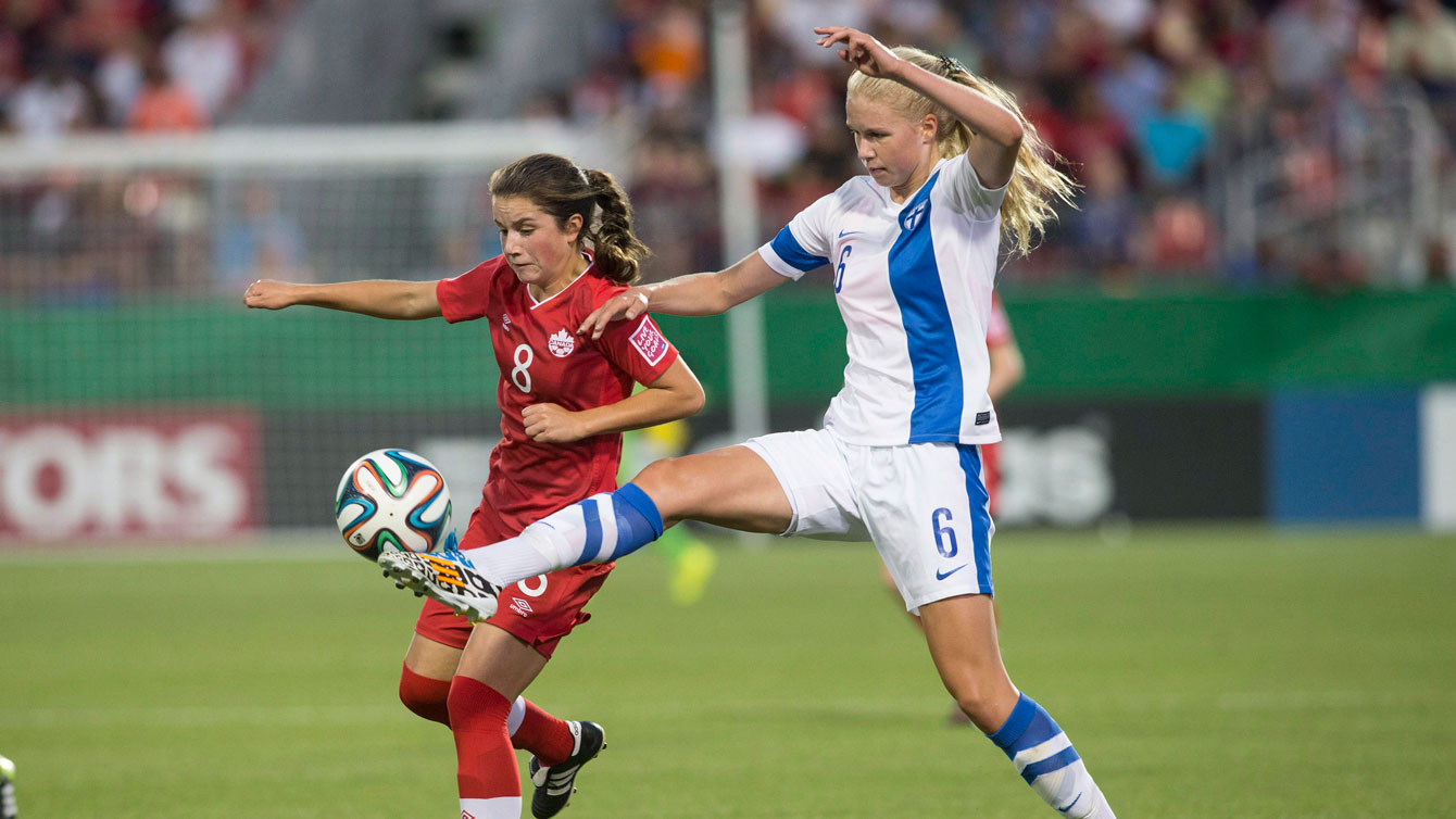 Jessie Fleming (left) in action at the 2014 FIFA Under-20 Women's World Cup in Canada. 