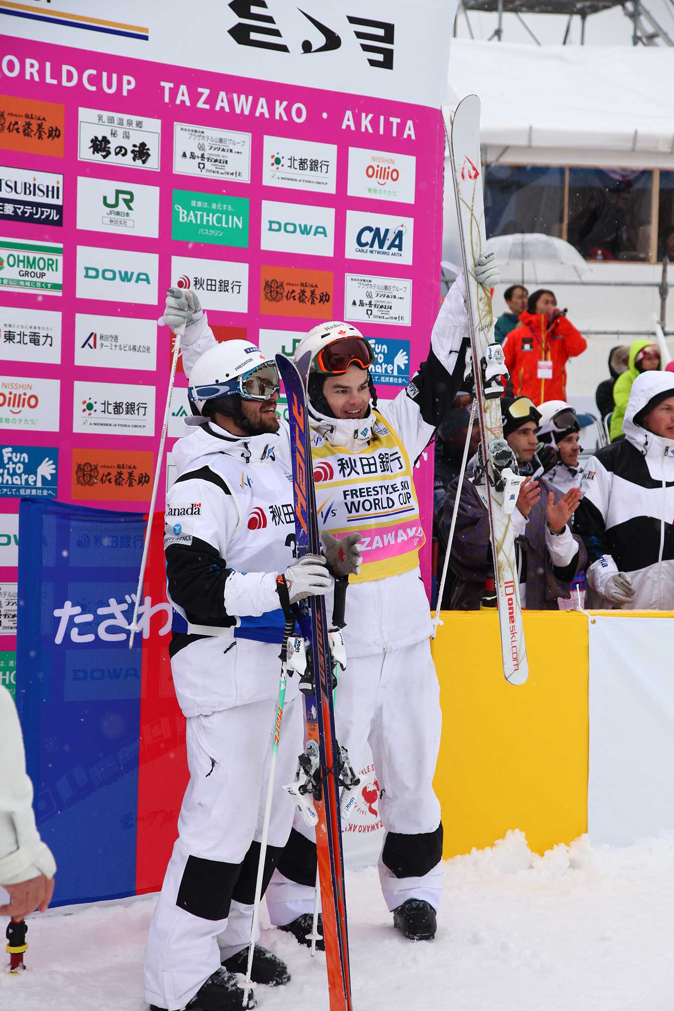 Mikaël Kingsbury (R) and Philippe Marquis after the dual moguls final in Tazawako, Japan.