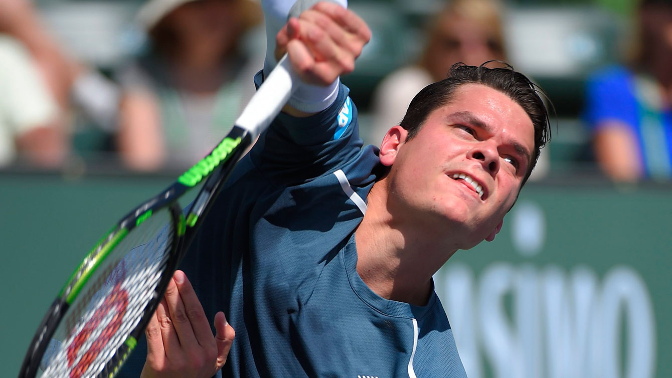 Milos Raonic in action at Indian Wells, California in a Masters 1000 tournament in March, 2015. 