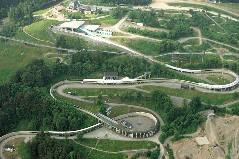 Overhead view of the sliding track at Winterberg during the summer months.