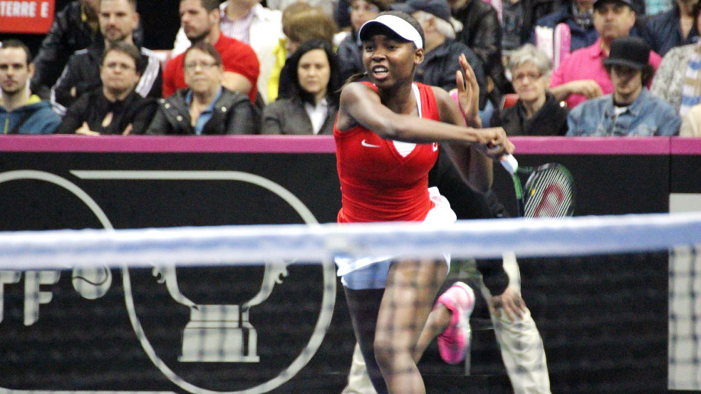 Francoise Abanda in action at Fed Cup against Romania's Irina-Camelia Begu on April 18, 2015. 