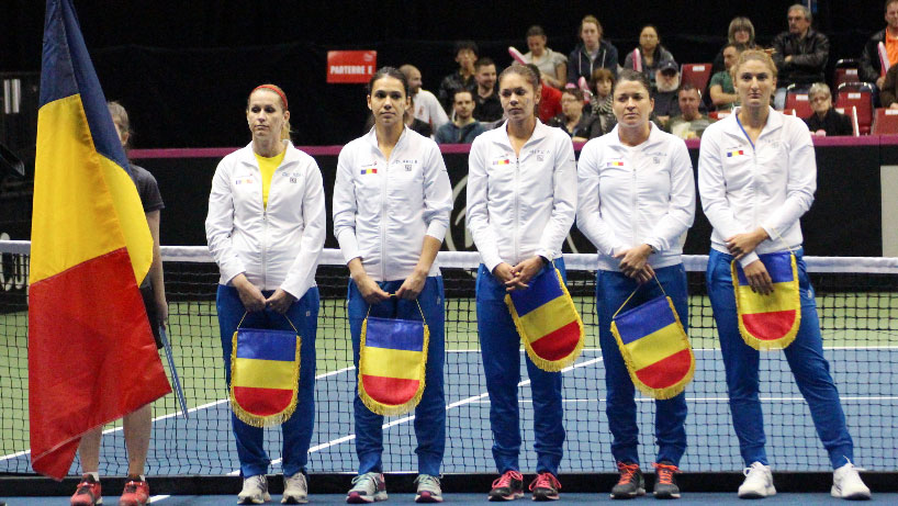 The Romanian team lines up at Fed Cup. Irina-Camelia Begu is on the right, she faced off against Canada's Francoise Abanda in the first rubber of the tie on April 18, 2015. 