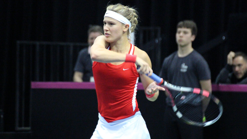 Eugenie Bouchard hits a shot against Andreea Mitu of Romania in Fed Cup on April 19, 2015. 