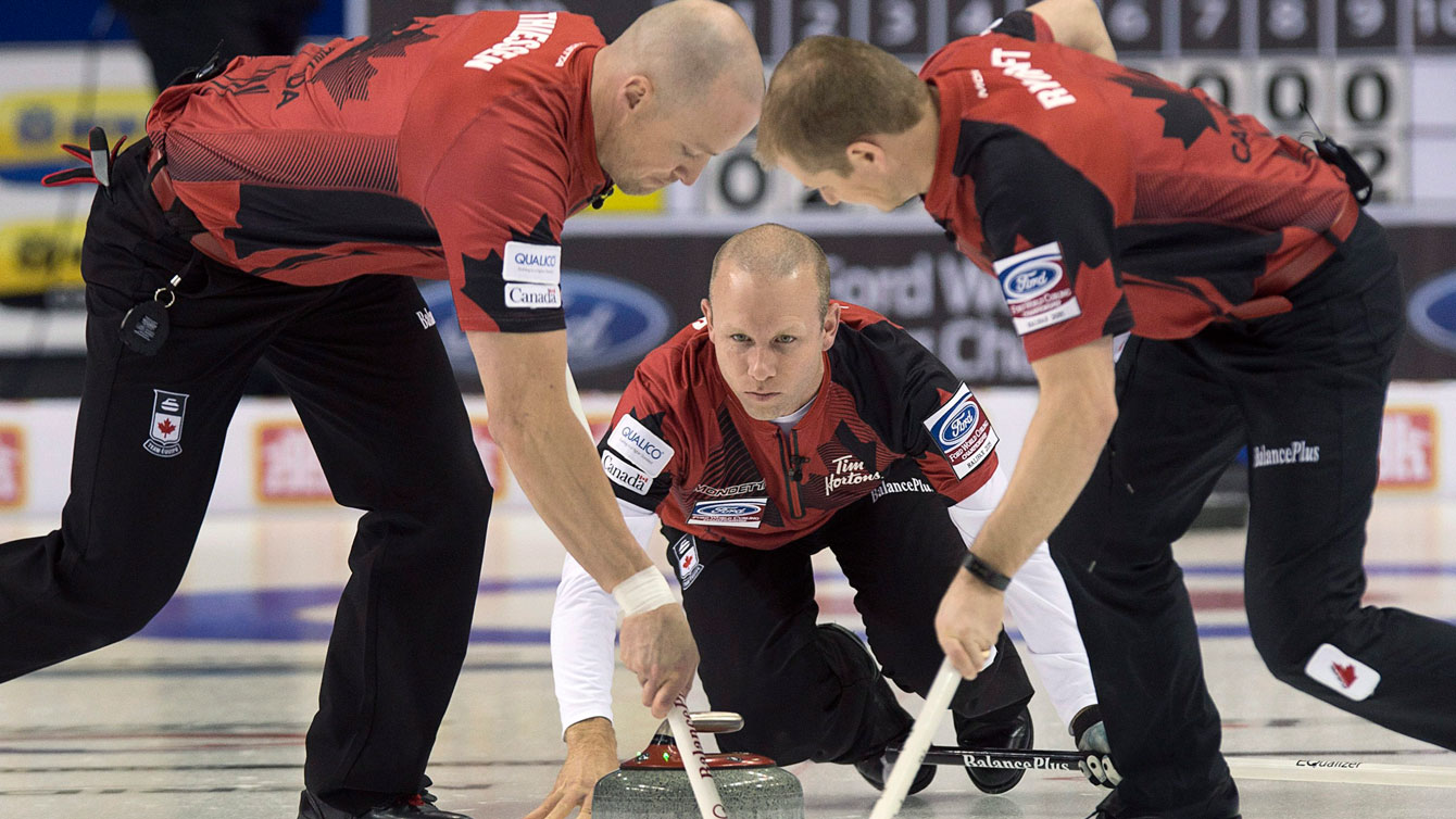 Pat Simmons in action at the 2015 curling men's World Championship in Halifax. 