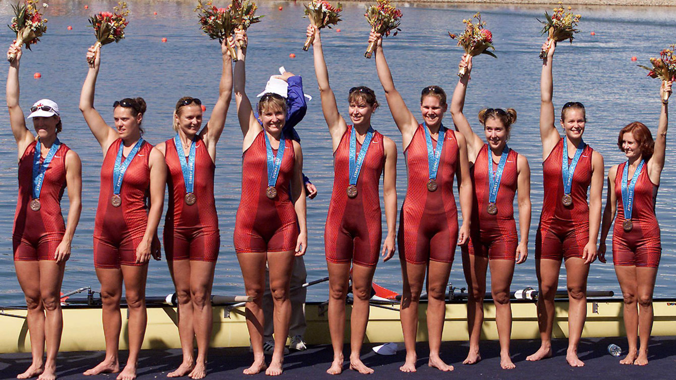 Dorota Urbaniak, third from left, after Canada wins women's eight bronze at Sydney 2000. 