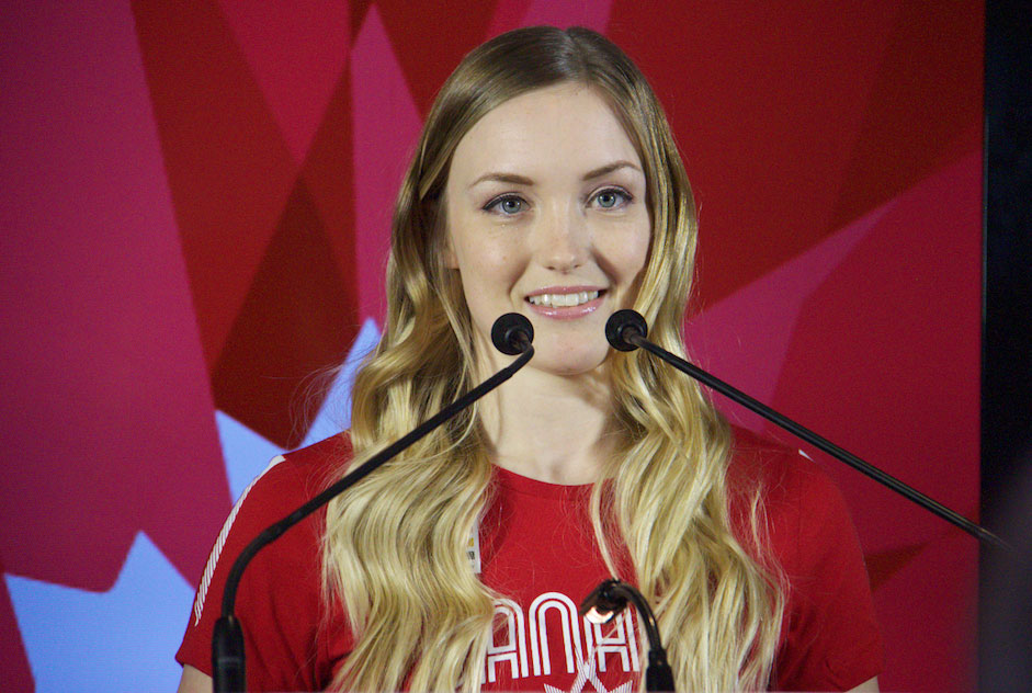 Justine Dufour-Lapointe speaks at the Olympic Excellence Day announcement, May 7, 2015. 