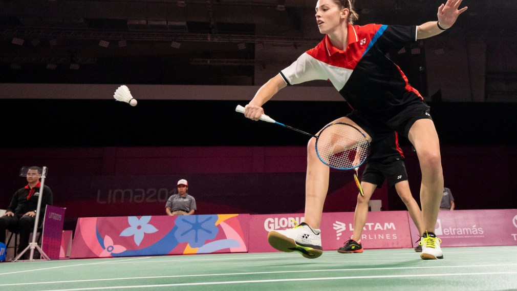 Rachel Honderich and Kristen Tsai take the gold medal in women's doubles badminton at the Lima 2019 Pan American Games on August 2, 2019.