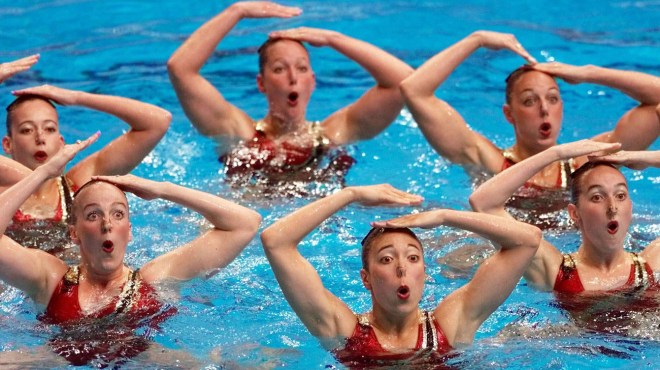 The Olympic bronze medallists performing their technical routine in Sydney,  2000.