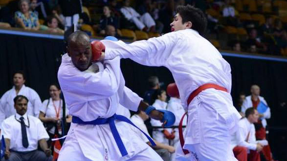 Chris De Sousa Costa, in Finals of the 2013 Commonwealth Karate Championships. (Photo by: Karate Canada)
